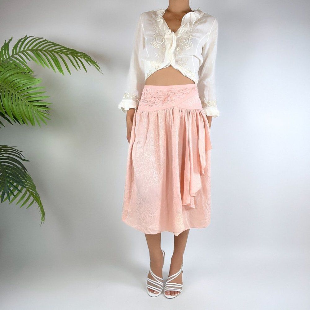 Vintage 80s Angelcore Pink Art Deco Fairycore Beaded Silk Midi Skirt / Size: 6